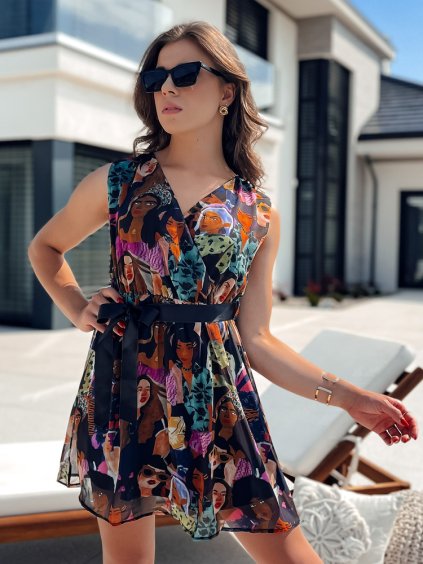 (Veľ. M) Čierne mini šaty s farebnou potlačou ISABELLA