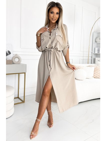 Béžové košeľové midi šaty s viazaním v páse