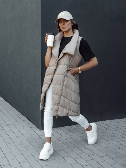 Béžová dámska dlhá prešívaná vesta bez kapucne SERKIS