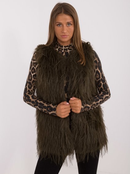 Khaki kožúšková vesta