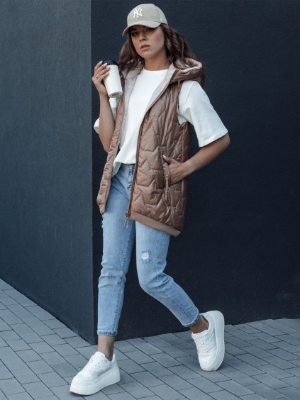 Tmavozlatá dámska dlhá prešívaná vesta s kapucňou COLINE