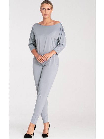 Sivý voľný overal s dlhými zúženými nohavicami a 3/4 rukávmi