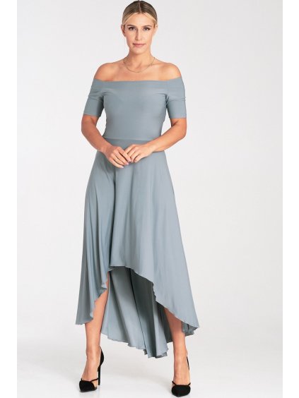 Sivé asymetrické šaty s odhalenými ramenami