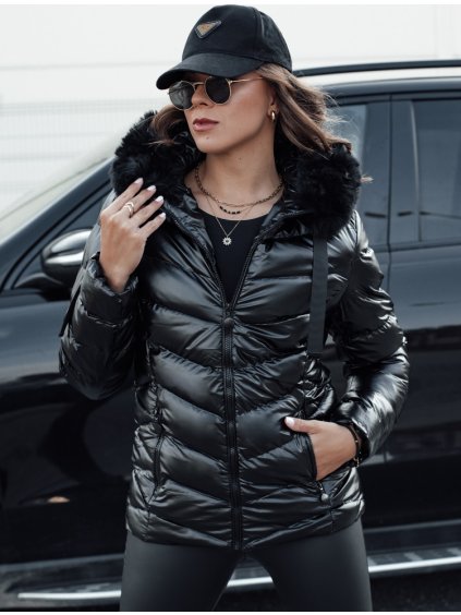 Čierna lesklá prešívaná bunda s kožušinou MIRIAL
