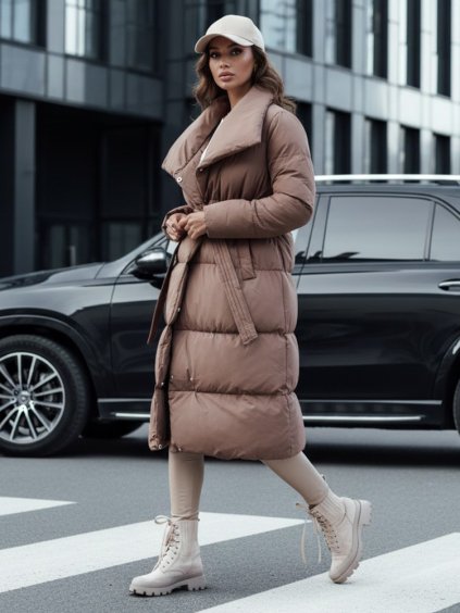 Tmavo béžový dlhý dámsky prešívaný kabát s opaskom FAVI