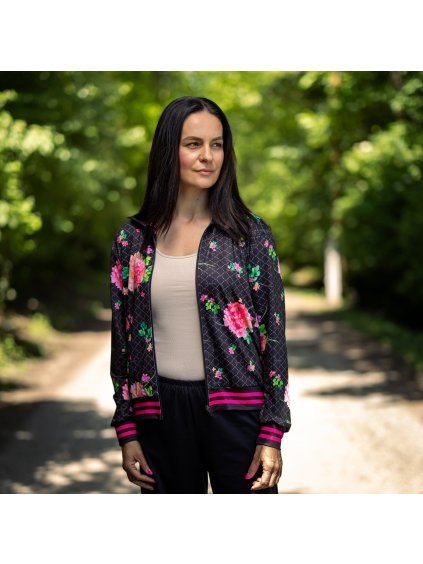 Čierna kvetovaná dámska mikina na zips