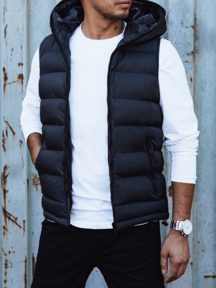 Tmavomodrá pánska prešívaná vesta s kapucňou