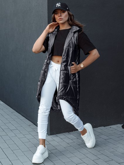 Čierna dlhá prešívaná vesta asymetrického strihu MERIS