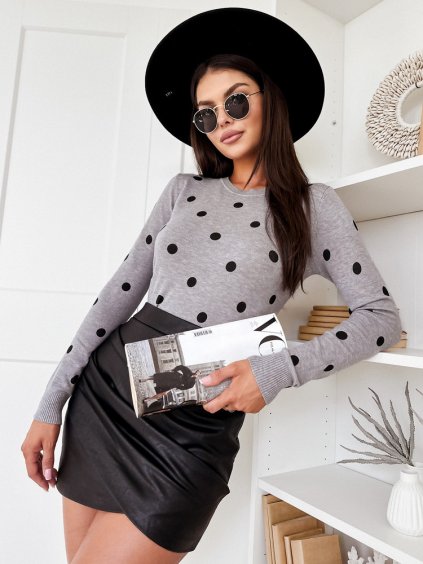 Dámsky sivý sveter s čiernymi bodkami ATHENA