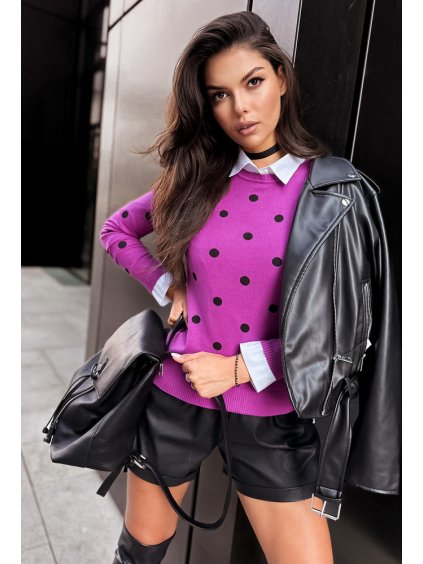 Dámsky fialový sveter s čiernymi bodkami ATHENA