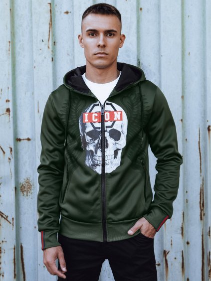 Pánska tmavozelená mikina s potlačou a kapucňou