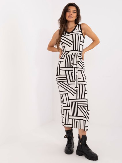 Smotanové vzorované midi šaty s rozparkom