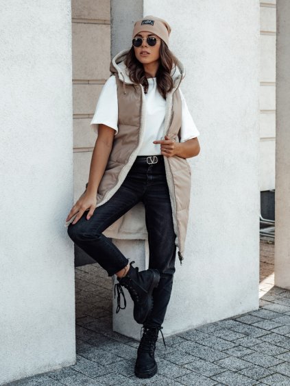 Béžová dlhá dámska prešívaná vesta s kapucňou COSYVIVA