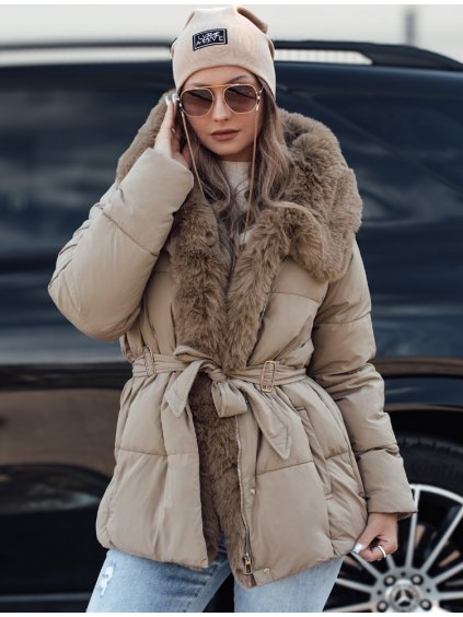 Béžová dámska zimná prešívaná bunda s kožúškom FURSOFT