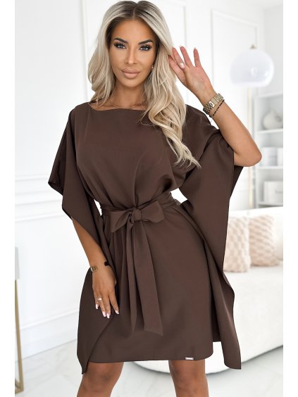 Elegantné šaty NICOLA s pásikom - čokoládovo hnedé (Veľkosť S/M)