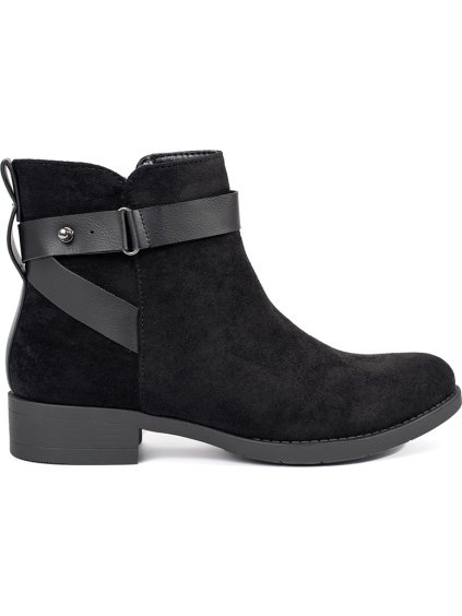 Čierne semišové dámske členkové topánky s ozdobným pásikom, podpätok 3 cm