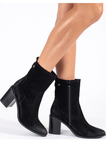 Čierne kožené dámske členkové topánky na stĺpiku Sergio Leone, podpätok 8 cm