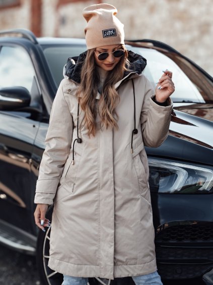 Dámska dlhá smotanová prechodná bunda s kapucňou ELEGANTI