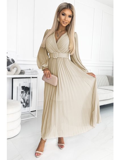 Skladané béžové šifónové šaty s dlhými rukávmi a pásikom KLARA