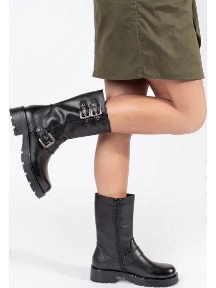 Čierne kožené dámske členkové topánky na platforme zdobené remienkami Sergio Leone