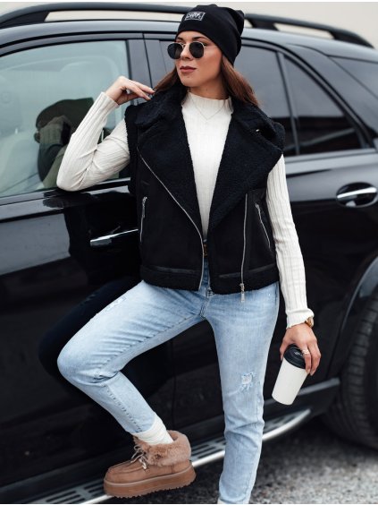Dámska čierna semišová vesta s ovčou kožou WOOLZIP