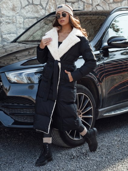 Čierna dlhá dámska zimná bunda s kožúškom BALLMODA