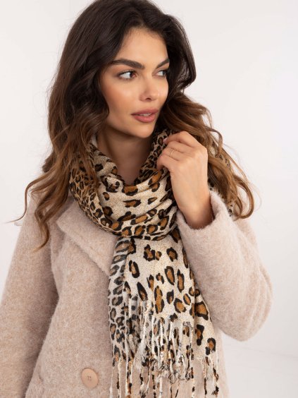 Béžový kašmírový šál s leopardím vzorom (Veľkosť ONE SIZE)