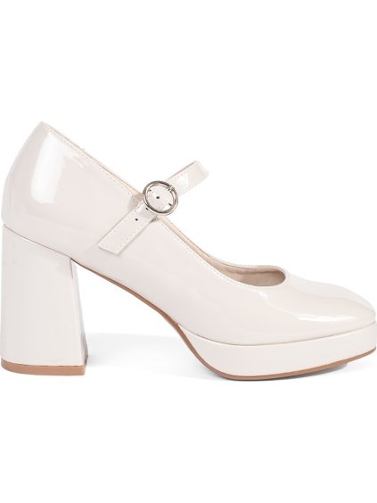 Smotanové lakované dámske poltopánky na stĺpiku s prackou, podpätok 9 cm