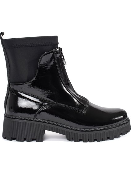 Lakované dámske čierne členkové topánky so zipsom
