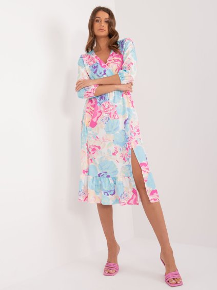 (Veľ. S) Modro-ružové kvetinové midi šaty s rozparkom