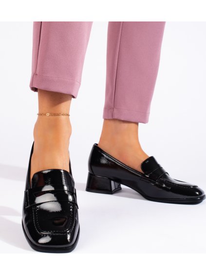 Čierne Lakované mokasíny na podpätku