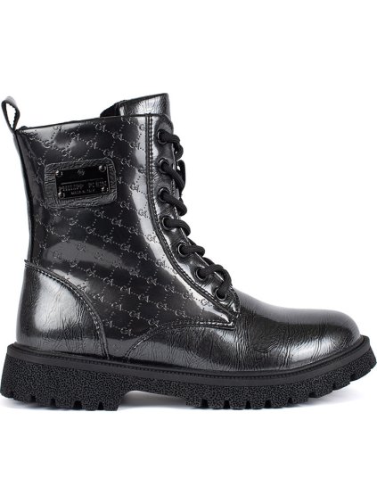 Čierne lakované dievčenské členkové topánky na šnurovanie