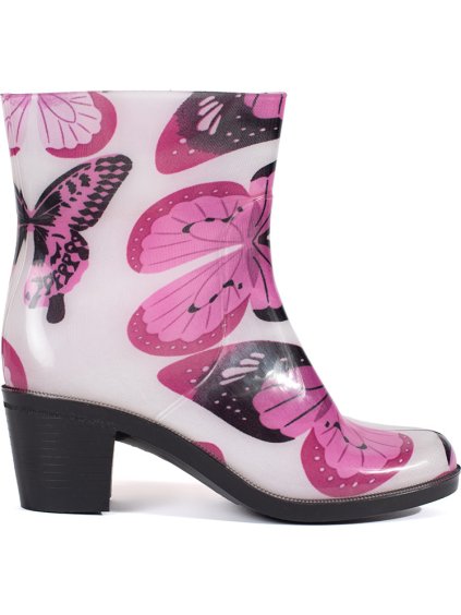 Bielo-ružové dámske čižmy na podpätku s dizajnom motýľov, podpätok 6 cm