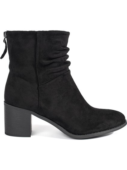 Čierne semišové členkové topánky s nariaseným zvrškom, podpätok 6,5 cm