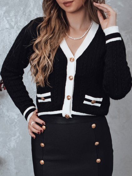 Čierny dámsky vrkôčikový sveter na gombíky FUZZY