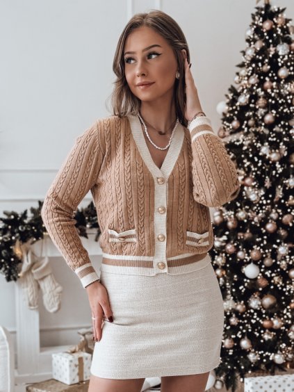 Karamelový dámsky vrkôčikový sveter na gombíky FUZZY