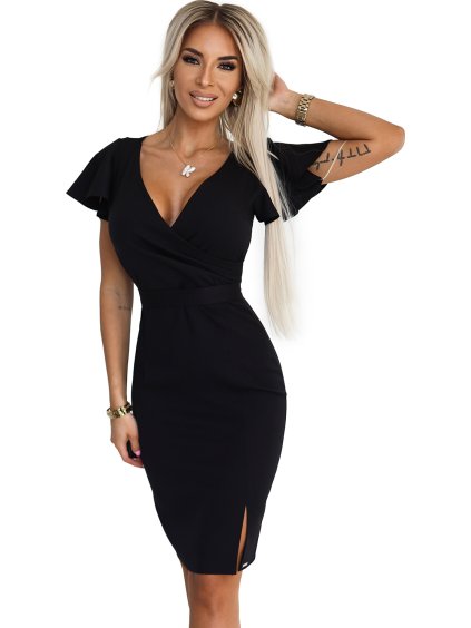 Čierne šaty s výstrihom a pásikom STEPHANIE