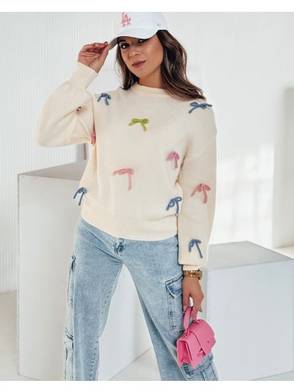 Smotanový dámsky sveter s mašľami TIELUSH