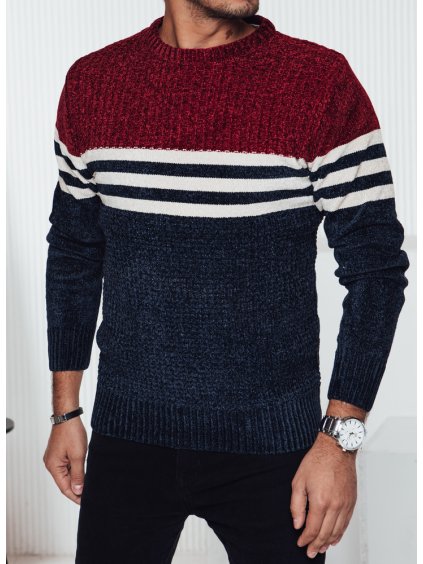 Vínovo-modrý pánsky teplý sveter s bielymi pruhmi