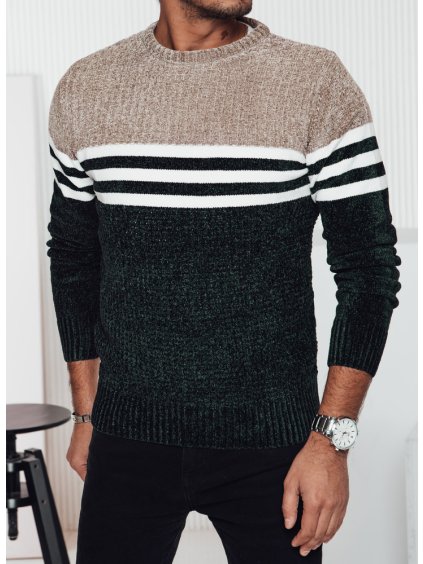 Zeleno-béžový pánsky teplý sveter s bielymi pruhmi