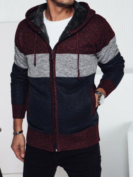 Vínovo-modrý pánsky zateplený sveter na zips s kapucňou