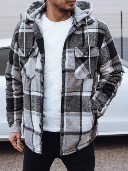 Čierna károvaná pánska prechodná bunda s kapucňou