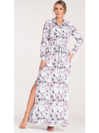 Dámske vzorované biele košeľové maxi šaty