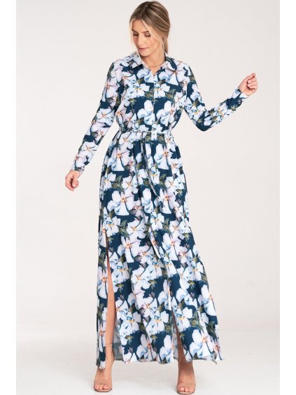 Dámske vzorované tmavomodré košeľové maxi šaty