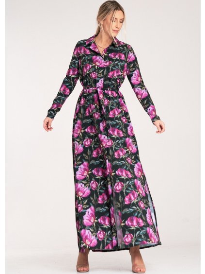 Dámske vzorované čierne košeľové maxi šaty