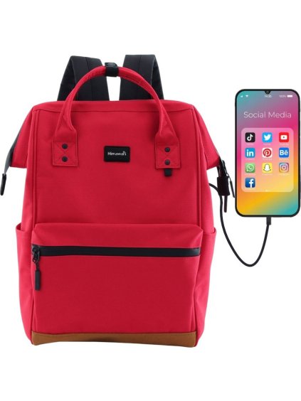 Himawari Červený dámsky batoh s predným vreckom a USB portom