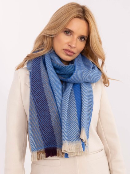 Modrý dámsky pruhovaný šál zakončený strapcami