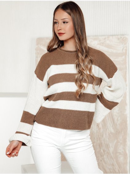 Bielo-hnedý dámsky pruhovaný sveter LINEZZA