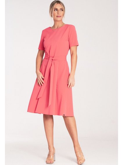 Dámske koralové midi šaty s opaskom
