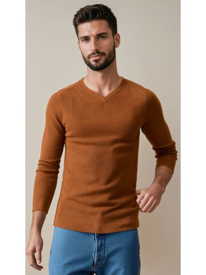 Hnedý pánsky sveter s decentným výstrihom do V